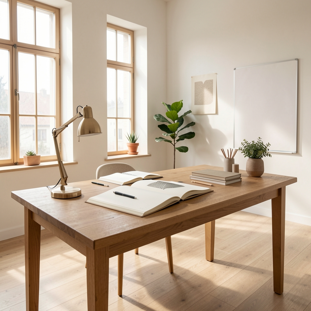 Bright editorial studio space with a wooden desk, open notebooks, natural light from tall windows, and minimal decor in warm neutral tones