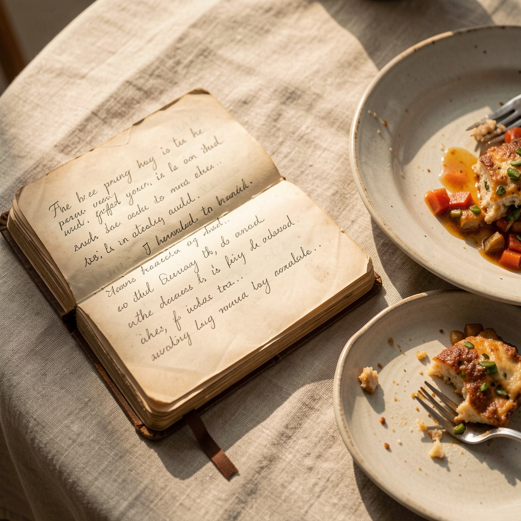 Close-up of a worn journal open to handwritten notes beside a half-eaten meal on a neutral linen tablecloth in warm afternoon light