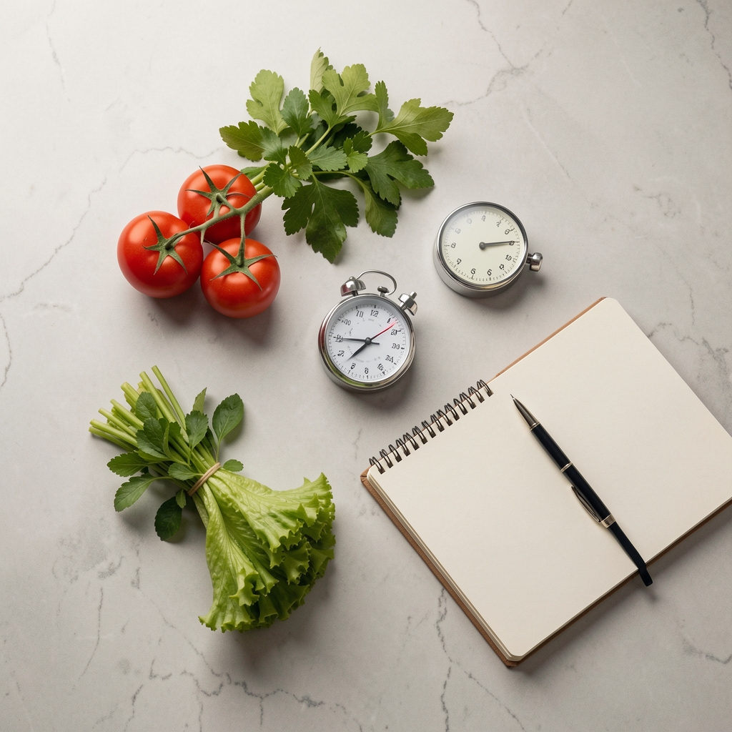 Overhead view of a small kitchen counter with a few fresh vegetables, a timer, and a notebook — minimal and calm studio lighting