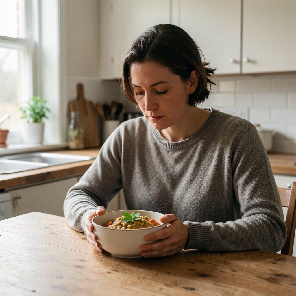 Person seated at a wooden kitchen table with a bowl of food, looking down thoughtfully — soft morning window light, quiet domestic atmosphere