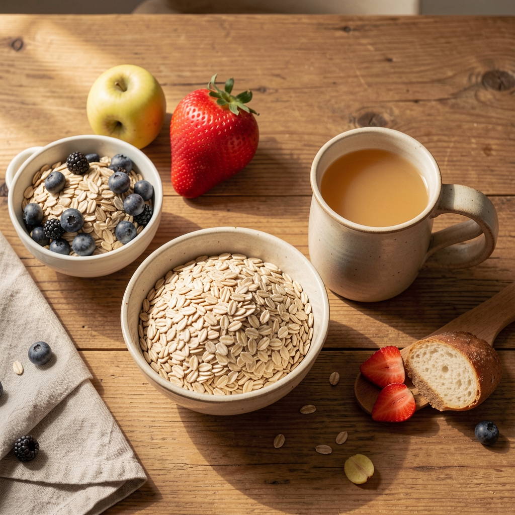 Editorial flat-lay of a calm morning breakfast setting with grains, fruit, and a ceramic mug on a warm wooden table in soft natural light